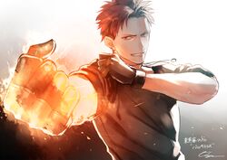  1boy clenched_hand commentary_request earrings fingerless_gloves fire gloves gradient_background grin jewelry looking_at_viewer male_focus orange_hair otani_(gloria) red_eyes ring shirt smile solo t-shirt tokyo_itan_shinmon upper_body wristband 