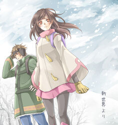  1boy achan_(blue_semi) asahina_satoru black_legwear brown_hair coat commentary_request female orange_eyes pantyhose photoshop_(medium) shin_sekai_yori watanabe_saki winter winter_clothes 