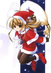  absurdres ahoge bag blonde_hair christmas female hashimoto_takashi hat highres long_hair pantyhose pia_carrot_(series) pia_carrot_e_youkoso!!_3 red_eyes ribbon sack santa_costume santa_hat smile solo takai_sayaka 