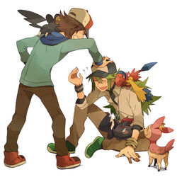  2boys ? aaken annoyed archen black_(pokemon) blush brown_eyes brown_hair closed_eyes closed_eyes deerling emolga emonga frown green_hair hand_on_head jewelry long_hair multiple_boys n_(pokemon) necklace open_mouth pokemon pokemon_(game) pokemon_black_and_white pokemon_bw shikijika short_hair sitting smile sweat touya_(pokemon) zorua 