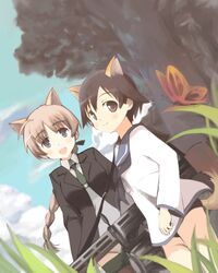  2girls :d ahoge animal_ears bad_id bad_pixiv_id blue_eyes blush braid brown_eyes brown_hair bug butterfly cat_ears cat_girl dog_ears dog_girl dog_tail grass gun light_machine_gun long_hair lynette_bishop military military_uniform miyafuji_yoshika multiple_girls necktie oimu_(ununsan) open_mouth school_uniform short_hair single_braid smile strike_witches striped_clothes striped_thighhighs tail thighhighs tree uniform weapon world_witches_series 