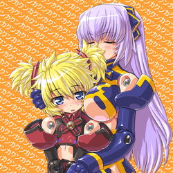  2girls alternate_costume altines altrene bad_id bad_pixiv_id between_breasts blonde_hair blue_eyes breasts busou_shinki dd_(ijigendd) doll_joints flat_chest hug joints large_breasts long_hair mecha_musume multiple_girls purple_hair short_twintails twintails 