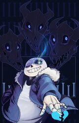  1boy blue_eyes bone broken_heart cowboy_shot fangs fur_trim gasterblaster glowing glowing_eye hand_in_pocket heart hood hoodie jacket kayla_marquez male_focus one_eye_closed open_clothes open_jacket sans_(undertale) signature skeleton skull solo spoilers teeth undertale zipper 