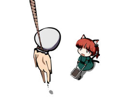  1boy :d animal_ears braid cat_ears cat_tail chibi female from_above gatau hanged kaenbyou_rin lowres multiple_tails open_mouth red_hair simple_background sin_sack smile tail touhou wheelbarrow 