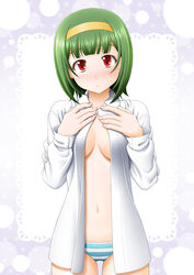  :&lt; blush breasts cleavage commentary_request female green_hair hairband idolmaster idolmaster_(classic) medium_breasts navel no_pants open_clothes open_shirt otonashi_kotori panties photoshop_(medium) red_eyes shirt short_hair sin-go solo striped_clothes striped_panties underwear 