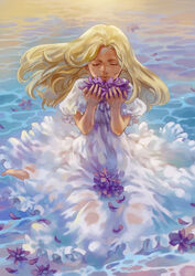  bad_id bad_pixiv_id blonde_hair closed_eyes commentary_request dress female floating_hair flower holding long_hair marnie_(omoide_no_marnie) ocean omoide_no_marnie petals photoshop_(medium) poten puffy_short_sleeves puffy_sleeves ribbon short_sleeves sitting solo sundress wariza water wet wet_clothes wet_dress white_dress 