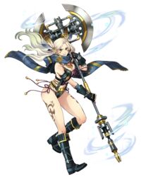  axe blonde_hair boots breasts cleavage earrings facial_mark feather_hair_ornament feathers female fingerless_gloves floating_hair full_body ginny gloves hair_ornament highres holding holding_axe huge_weapon jewelry large_breasts long_hair miemia navel official_art royal_flush_heroes scarf solo tattoo transparent_background weapon yellow_eyes 