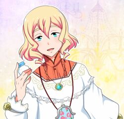  1boy andou_mario androgynous apron aqua_eyes bad_link blonde_hair drill_hair ichiya_(epic) idolmaster idolmaster_side-m jewelry kappougi male_focus necklace open_mouth smile solo 