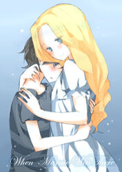  2girls 66ta1yak1 anna_(omoide_no_marnie) blonde_hair blue_eyes blush brown_hair commentary_request copyright_name dress hand_on_another&#039;s_neck hand_on_another&#039;s_shoulder highres hug long_hair marnie_(omoide_no_marnie) multiple_girls omoide_no_marnie short_hair short_sleeves very_short_hair white_dress yuri 