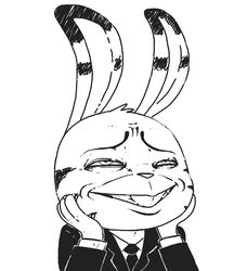  anthro clothed clothing disney fur gud hair jack_savage lagomorph leporid male mammal monochrome rabbit reaction_image simple_background smile solo zootopia 