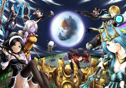  5boys 6+girls aqua_eyes arm_cannon armlet armor ashe_(league_of_legends) ass bare_shoulders bent_over black_hair black_legwear blade blitzcrank blonde_hair blue_hair blush boots breasts brown_hair cape cigar cleavage closed_eyes cloud colored_skin commentary_request crime_city_miss_fortune ezreal fedora fingerless_gloves french_maid_nidalee frostblade_irelia full_moon garter_straps gauntlets gloves green_eyes hair_ornament hat highres hooves horns irelia jewelry kicking league_of_legends lee_sin long_hair maid maid_headdress makishima_rin medium_breasts miss_fortune_(league_of_legends) moon multiple_boys multiple_girls muscular necklace nidalee open_mouth pants pointy_ears ponytail purple_skin rainbow red_eyes red_hair robot scarf short_hair singed single_horn skin_tight smile smoking soraka_(league_of_legends) staff sunglasses talon_(league_of_legends) teemo thighhighs thumbs_up tristana visor weapon white_hair wrist_cuffs yellow_eyes yordle 