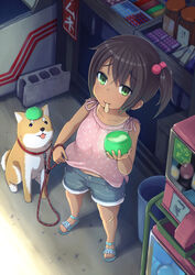  bandaid brown_hair canine commentary_request dararito female food green_eyes hair_bobbles hair_ornament highres ice_cream leash lolicon looking_up mouth_hold original pet_walking sandals shiba_inu short_hair shorts side_ponytail sleeveless solo tan tanlines 