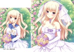  :d absurdres arch bare_shoulders blonde_hair blush bouquet bra-ban! breasts bridal_veil bride butterfly_hair_ornament cleavage dress female floral_arch flower hair_ornament half_updo hibarigaoka_yuki highres large_breasts long_hair multiple_views open_mouth purple_eyes sayori_(neko_works) scan school_uniform serafuku smile two_side_up variations veil wedding_dress 