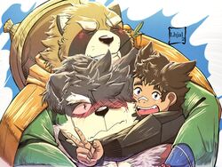  2021 4:3 anthro blush brown_body brown_fur canid canine canis clothing domestic_dog fur group gyobu_(tas) hat headgear headwear hi_res hug human humanoid_hands lhjal2 lifewonders male mammal protagonist_(tas) raccoon_dog shino_(tas) shirt tanuki tokyo_afterschool_summoners topwear 