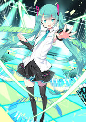  :d alteil alteil_neo aqua_eyes aqua_hair aqua_necktie bare_shoulders between_breasts black_skirt black_thighhighs blunt_bangs boots breasts collared_shirt commentary concert detached_sleeves female full_body hair_ornament hatsune_miku headset highres kiya_machi light light_particles long_hair looking_at_viewer microphone necktie necktie_between_breasts official_art open_mouth outstretched_arm outstretched_hand pleated_skirt reaching reaching_towards_viewer screen shirt skirt sleeveless sleeveless_shirt small_breasts smile solo spotlight stage stage_lights standing thigh_boots thighhighs twintails very_long_hair vocaloid white_shirt 