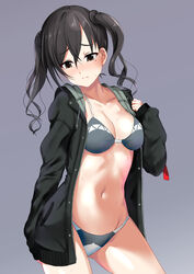  bikini black_hair black_jacket breasts brown_eyes collarbone commentary_request drawstring female hood hood_down hooded_jacket idolmaster idolmaster_cinderella_girls jacket long_hair long_sleeves medium_breasts mole mole_under_eye navel open_clothes open_jacket sleeves_past_wrists solo sousakubito sunazuka_akira swimsuit twintails 