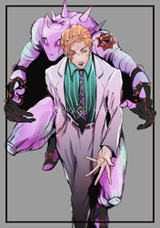  1boy belt blonde_hair character_name commentary_request diamond_wa_kudakenai hand_in_pocket jacket jojo_no_kimyou_na_bouken killer_queen kira_yoshikage long_sleeves looking_at_viewer male_focus mizudama necktie open_mouth pants shirt short_hair stand_(jojo) 