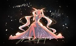  absurdres alternate_costume arm_between_legs breasts character_name dated detached_sleeves dress english_commentary female furai_sen heart high_heels highres liliana_vampaia long_hair myholo_tv official_art silver_dress silver_footwear sitting small_breasts smile solo twintails very_long_hair virtual_youtuber white_hair 