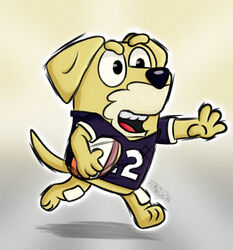  anthro ball bird_dog bluey_(series) bottomless canid canine canis clothed clothing competition_number conditional_dnp detailed_background digital_media_(artwork) domestic_dog einsamkeitus floppy_ears football_jersey fur happy holding_object hunting_dog jersey knee_pads labrador male mammal number number_on_clothing number_on_jersey number_on_topwear number_print open_mouth pat_(bluey) paws playing print_clothing print_jersey print_topwear retriever running shirt signature smile solo sport topwear yellow_body yellow_fur 