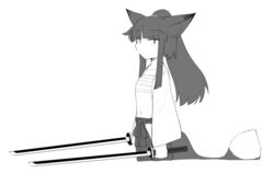  animal_humanoid asian_clothing black_hair bottomwear canid canid_humanoid canine canine_humanoid chest_wraps clothed clothing dipstick_ears dipstick_tail dual_wielding ear_markings east_asian_clothing female flat_chested fox_humanoid greyscale hair hakama hi_res holding_object holding_weapon humanoid inner_ear_fluff japanese_clothing long_hair mammal mammal_humanoid markings melee_weapon monochrome multicolored_ears navel ponytail sakifox solo sword tail tail_markings tuft weapon wraps 