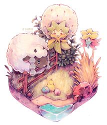  berry_(pokemon) caomor commentary eldegoss faux_figurine fence food fruit gossifleur no_humans oran_berry painting_(medium) pecha_berry pokemon pokemon_(creature) rock sheep sitrus_berry traditional_media twitter_username water watercolor_(medium) white_background wooden_fence wooloo 