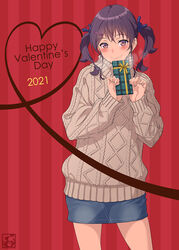  aoi_sora_(pairan) artist_logo black_hair blue_ribbon brown_eyes closed_mouth dated denim denim_skirt english_text female gift grey_sweater hair_ornament hair_ribbon hairclip happy_valentine heart highres holding holding_gift knit_sweater long_sleeves looking_at_viewer medium_hair miniskirt original pairan red_background ribbon skirt smile solo standing striped striped_background sweater turtleneck twintails valentine vertical_stripes 