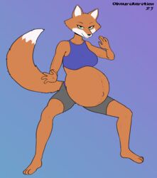  2023 4_fingers 4_toes anthro barefoot belly big_belly black_nose bottomwear breasts brutal_paws_of_fury canid canine clothed clothing dweevil feet female fingers fox foxy_roxy fur hi_res hindpaw humanoid_hands mammal mayternity mayternity_2023 multicolored_body multicolored_fur navel outie_navel paws pregnant pregnant_anthro pregnant_female red_body red_fur shorts signature solo standing toes two_tone_body two_tone_fur white_body white_fur 