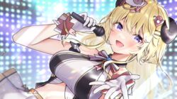  absurdres animal_ears bad_id bad_pixiv_id blonde_hair blood bow bowtie breasts buta_tamako dutch_angle female gloves hair_ornament hairclip highres holding holding_microphone hololive hololive_idol_uniform horns idol idol_clothes large_breasts long_hair looking_at_viewer microphone midriff official_alternate_costume open_mouth outstretched_arm pleated_skirt purple_eyes sheep_ears sheep_girl sheep_hair_ornament sheep_horns shirt sidelocks skirt sleeveless sleeveless_shirt solo tsunomaki_watame virtual_youtuber white_gloves white_shirt white_skirt wrist_cuffs 