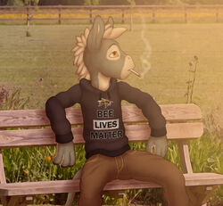  anthro asinus bench choko_(chokodonkey) chokodonkey cigarette clothed clothing conditional_dnp donkey equid equine french_artist hi_res hoodie looking_away male mammal outside sarcasm sitting smoking solo topwear young 