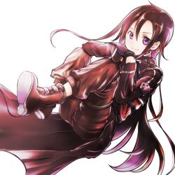  black_coat black_gloves black_hair black_pants closed_mouth coat female floating_hair gloves hair_between_eyes kirito kirito_(sao-ggo) long_hair long_sleeves pants purple_eyes sau_(bluepoper) simple_background smile solo sword_art_online thigh_strap very_long_hair white_background 