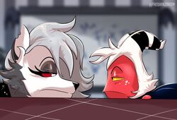  anthro bored canid canid_demon canine demon duo female fur grey_hair hair hellhound helluva_boss hi_res horn humanoid imp loona_(helluva_boss) male mammal moxxie_(helluva_boss) mythological_canine mythological_creature mythology red_body red_eyes red_skin staring_contest thedarkzircon white_body white_fur white_hair yellow_eyes 