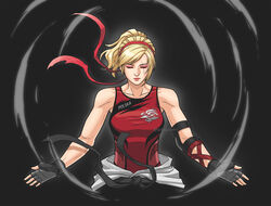  belt black_belt blonde_hair breasts commentary dougi elbow_pads english_commentary eyeshadow female fingerless_gloves geoffrey_daigon gloves grey_gloves hairband headband highres karate karate_gi lidia_sobieska lips makeup martial_arts_belt medium_breasts mismatched_eyebrows nose official_art ponytail red_eyeshadow red_hairband red_headband red_lips red_tank_top scar scar_across_eye scar_on_face single_elbow_pad solo tank_top tekken tekken_7 toned upper_body 