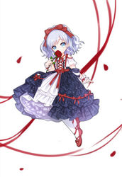  alternate_costume bare_shoulders blue_dress blue_eyes blue_hair blush bow closed_mouth commentary_request dress female flower full_body hairbow holding holding_flower lolita_fashion looking_at_viewer off-shoulder_dress off_shoulder pantyhose petals petticoat red_bow red_flower red_footwear red_ribbon red_rose ribbon rose shoes short_sleeves sigsbee_(warship_girls_r) simple_background smile solo tengxiang_lingnai warship_girls_r white_background white_pantyhose wrist_cuffs 