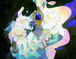  adeuce air_bubble asphyxiation beads blue_hair blue_theme bubble commentary covered_face drowning female gloves long_sleeves mahou_shoujo_madoka_magica mahou_shoujo_madoka_magica_(anime) miki_sayaka outstretched_arms reaching solo soul_gem submerged water white_gloves 