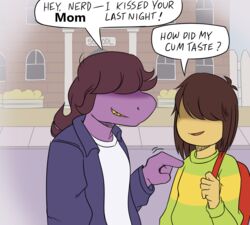  anthro backpack brown_hair clothed clothing deltarune dialogue dirty_talk duo english_text female fully_clothed hair hair_over_eyes hi_res human humor implied_incest jacket kris_(deltarune) long_hair male mammal meme outside parody porldraws purple_body reptile scalie sharp_teeth shirt smile speech_bubble susie_(deltarune) taunting teeth text topwear undertale_(series) 