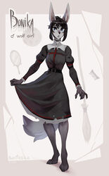  2021 anthro black_clothing black_dress blue_eyes bonifasko bonika_(bonifasko) canid canine canis clothed clothing digital_media_(artwork) dress female hair hi_res looking_at_viewer mammal model_sheet solo topwear wolf worn_clothing 