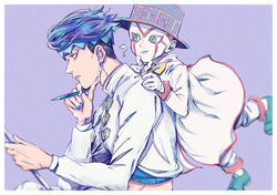  1boy ? blue_hair blue_nails commentary_request diamond_wa_kudakenai earrings headband heaven&#039;s_door holding holding_pen jewelry jojo_no_kimyou_na_bouken kishibe_rohan lips long_sleeves male_focus midriff mizudama pants pen sitting stand_(jojo) 