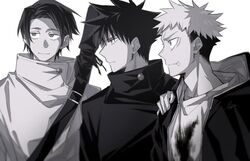  3boys closed_mouth dirty dirty_clothes facial_mark fushiguro_megumi gakuran greyscale gusha_(orenji_hnkn) high_collar itadori_yuuji jacket jujutsu_kaisen looking_away male_focus monochrome multiple_boys okkotsu_yuuta profile scar scar_on_face school_uniform shirt short_hair simple_background smile spiked_hair undercut upper_body weapon_bag 