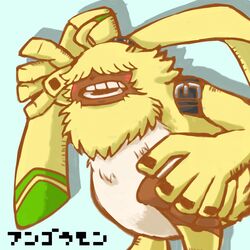  1:1 angoramon anthro bandai_namco belt digimon digimon_(species) digimon_ghost_game fur hair hair_over_eyes japanese_text lagomorph leporid long_ears male mammal rabbit solo text yellow_body yellow_fur yukiyoshi 