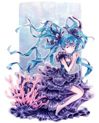  artist_name bare_arms barefoot black_dress black_ribbon blue_hair caomor closed_mouth commentary coral dress female floating_hair full_body hair_ribbon hatsune_miku layered_dress long_hair own_hands_together ribbon shinkai_shoujo_(vocaloid) sitting solo twintails underwater very_long_hair vocaloid 