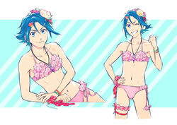  1boy absurdres bikini blue_background blue_hair bracelet closed_mouth collarbone cosplay crossdressing flower freyja_wion freyja_wion_(cosplay) grin hair_between_eyes hair_flower hair_ornament hand_on_own_hip hayate_immelmann heart heart_hair_ornament highres jewelry looking_at_viewer macross macross_delta male_focus mosako navel necklace photoshop_(medium) pink_bikini side-tie_bikini_bottom smile solo striped striped_background swimsuit v-shaped_eyebrows white_background white_flower 