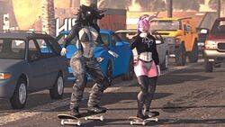  16:9 3d_(artwork) 4k abs absurd_res anthro black_body black_fur black_hair boots bovid caprine car clothing digital_media_(artwork) duo fan_character female female/female footwear ford ford_escort ford_mustang fur gmc goat hair hi_res horn hummer isis_deva_(ludexus) knee_pads lagomorph legwear leporid long_ears ludexus mammal muscular muscular_anthro muscular_female nissan palm_tree park pink_body pink_fur pink_hair plant rabbit skate_park skateboard skateboarding source_filmmaker_(artwork) street street_lamp tattoo thigh_boots thigh_highs toyota toyota_corolla tree vehicle vehicles warfare_machine white_chest widescreen zafy_takada_(ludexus) 