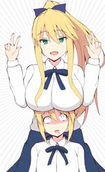  2girls absurdres artoria_pendragon_(fate) artoria_pendragon_(lancer)_(fate) blonde_hair blue_skirt bow breast_envy breast_rest breasts breasts_on_head commentary_request cosplay double_w emphasis_lines fate/grand_order fate/stay_night fate_(series) green_eyes hair_between_eyes hairbow highres large_breasts long_hair long_sleeves looking_at_viewer mitchi multiple_girls open_mouth ponytail saber_(fate) saber_(fate)_(cosplay) self_cosplay shirt short_hair skirt very_long_hair w white_background white_shirt 