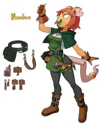  2021 anthro belt buckteeth clothing female flowerpigeon73 fondue_(flowerimh) gloves green_eyes green_tongue hair handwear hi_res mammal murid murine notched_ear potion rat red_hair rodent simple_background solo teeth tongue utility_belt white_background 