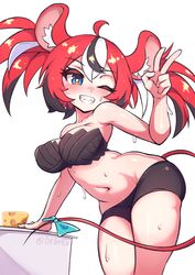  ahoge alternate_costume animal_ears bare_shoulders bebatch blue_eyes blush bow breasts bright_pupils cheese cleavage covered_nipples cowboy_shot female food grin hakos_baelz highres hololive hololive_english large_breasts leaning_to_the_side long_hair midriff mouse_ears mouse_girl mouse_tail navel one_eye_closed paid_reward_available red_hair sharp_teeth simple_background smile solo stomach strapless sweat tail tail_bow tail_ornament teeth twintails twitter_username underwear v virtual_youtuber 