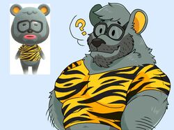  2021 animal_crossing anthro barold_(animal_crossing) bear beard biped black_body black_nose clothing eyewear facial_hair glasses lewdookami male mammal nintendo question_mark shirt simple_background solo topwear 