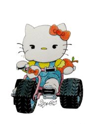  anthro apple clothed clothing domestic_cat eating felid feline felis female food fruit hello_kitty_(character) hello_kitty_(series) hi_res holding_food holding_object looking_at_viewer mammal plant ribbons sanrio simple_background solo taragraphika tricycle vehicle white_background 