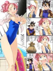  1boy ahe_gao black_hair breasts cape circlet closed_mouth commentary_request doughnut dragon_quest dragon_quest_iii earrings female food gloves imaichi jewelry looking_at_viewer medium_hair merchant_(dq3) open_mouth pink_hair ponytail roto smile swimsuit 