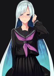  black_background black_sailor_collar black_serafuku black_skirt blue_hair brynhildr_(fate) collarbone commentary_request fate/grand_order fate_(series) female highres lazycoffee_(wyen_iscordo) light_blush long_hair looking_at_viewer neckerchief purple_eyes purple_neckerchief sailor_collar school_uniform serafuku signature simple_background skirt smile solo upper_body very_long_hair 