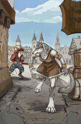  anthro barrel belt breasts canid canine canis chest_tuft claws clothed clothing cloud day detailed_background digital_media_(artwork) digital_painting_(artwork) digitigrade dress duo_focus feathers female feral fleeing fox front_view frown fur grey_body grey_fur group hat headgear headwear hi_res holding_melee_weapon holding_object holding_sword holding_weapon hotchkiss hotchkisstank katzbalger_(sword) landsknecht looking_back male mammal medieval melee_weapon murid murine open_mouth orange_body orange_fur outside rat rodent running sign sky sword toe_claws town tuft weapon white_body white_fur wolf 